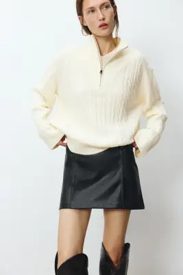 Pull oversize avec col zippé - Crème — photo 2