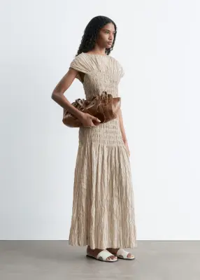 Robe longue à smocks - Beige/Rayures — photo 1