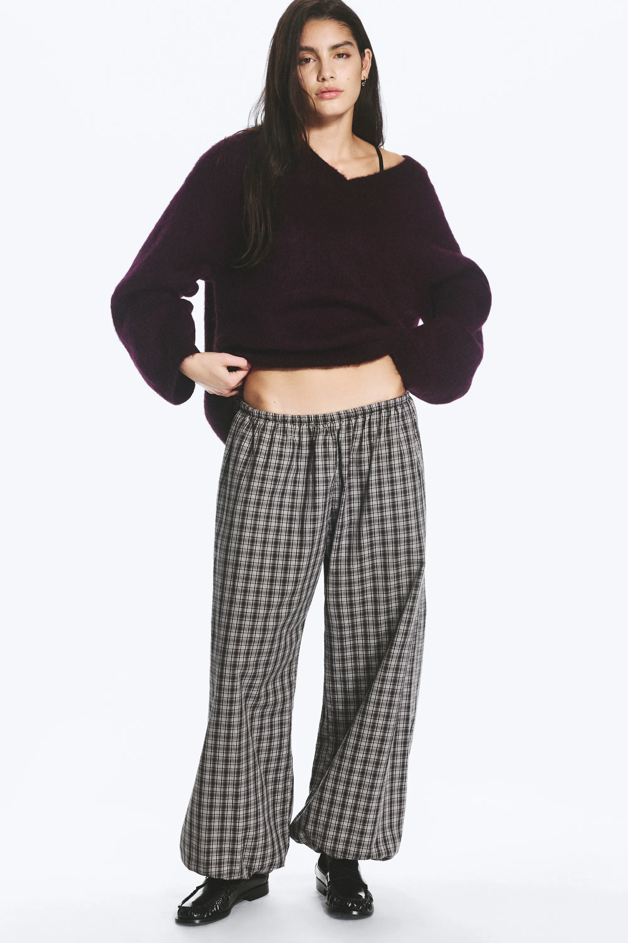 Pantalon ballon tissé taille basse - Gris foncé à carreaux