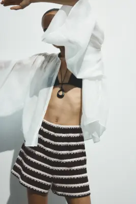 Short en maille avec taille élastique - Marron foncé/rayé — photo 2
