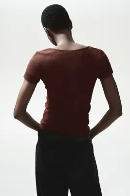 T-shirt en coton côtelé - Marron foncé — photo 3