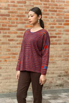 Pull ample en mérinos - rouge multicolore — photo 2
