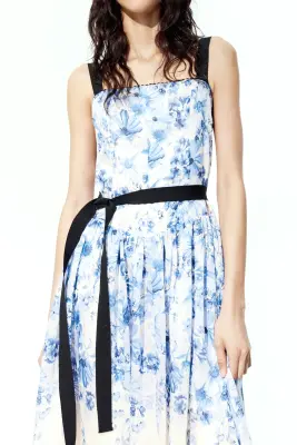 Robe avec bretelles à nouer et jupe évasée - Crème/fleuri — photo 2