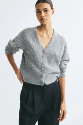 Gilet en maille côtelée avec encolure en V - Gris chiné — photo 2