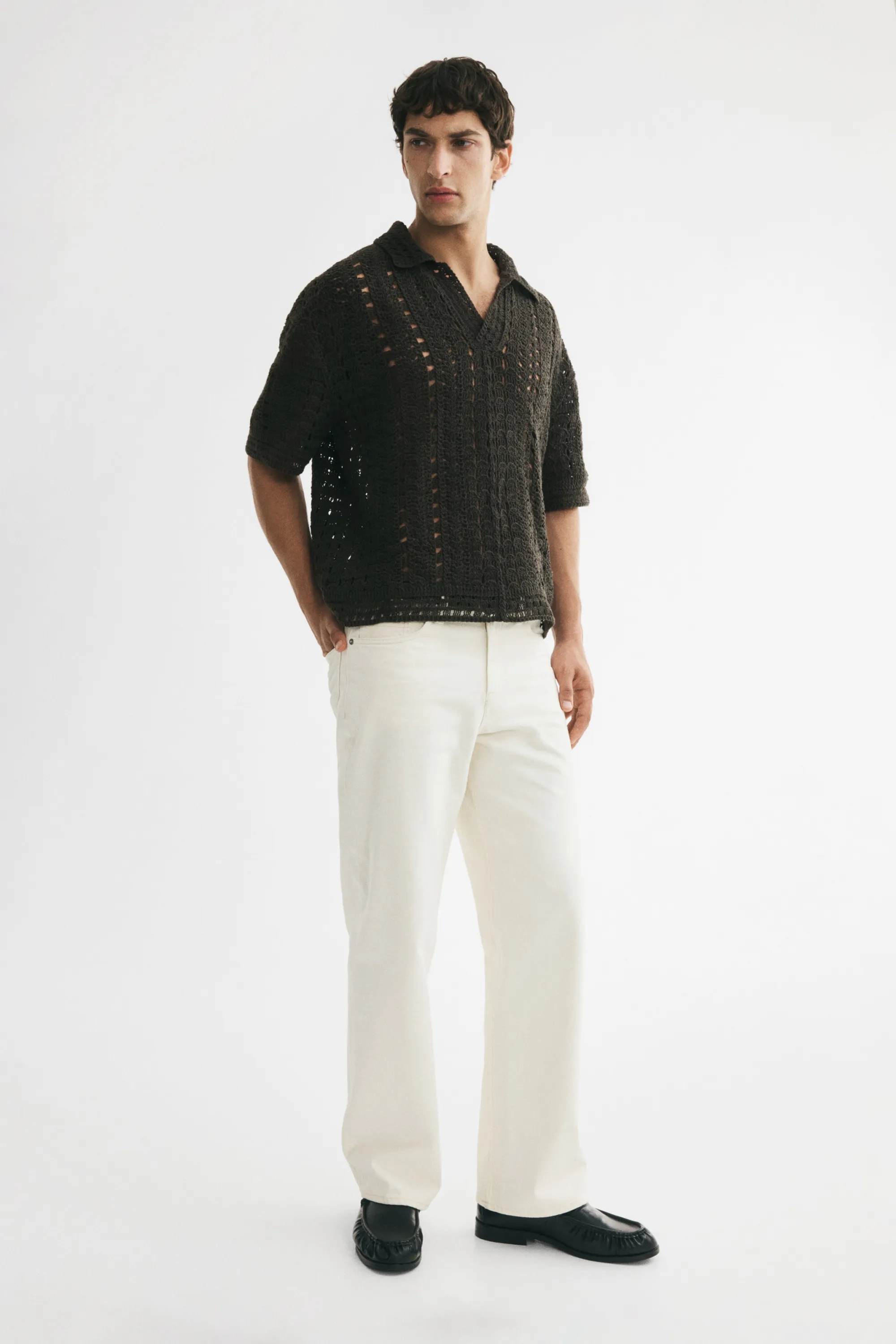 Relaxed Fit Crochet-look polo shirt - Vert kaki foncé