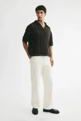 Relaxed Fit Crochet-look polo shirt - Vert kaki foncé — photo 1