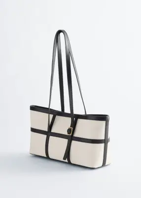 Sac porté épaule en toile à finitions en cuir - Écru/Noir — photo 2