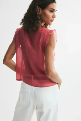 Blouse volantée avec col cravate - Rose — photo 2