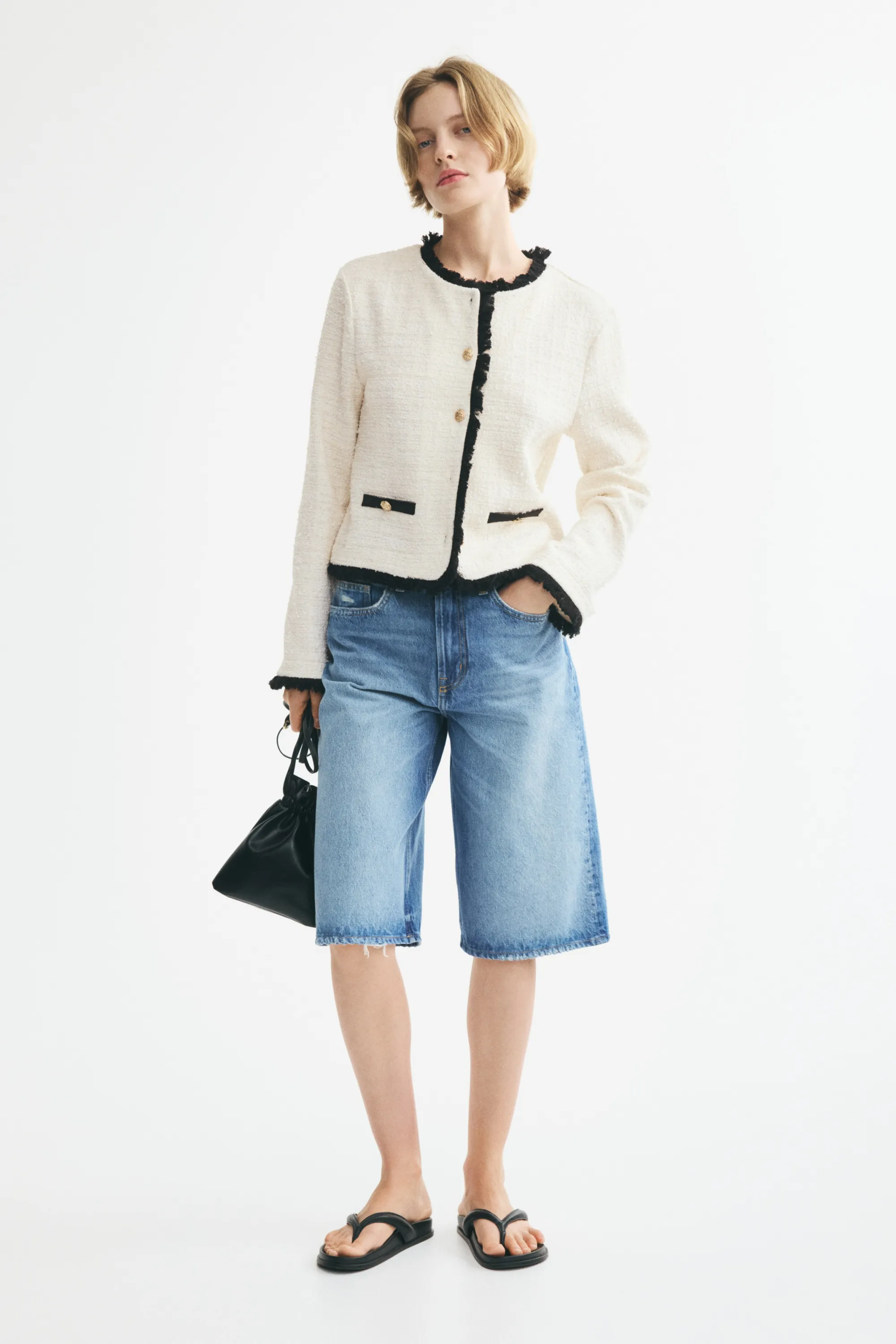 Veste frangée en maille bouclette - Crème