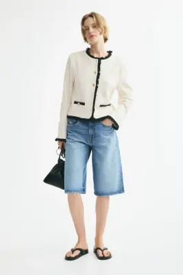 Veste frangée en maille bouclette - Crème — photo 1