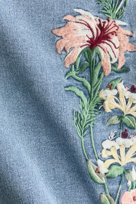 Embroidered denim bandeau dress - Bleu denim/fleuri — photo 4
