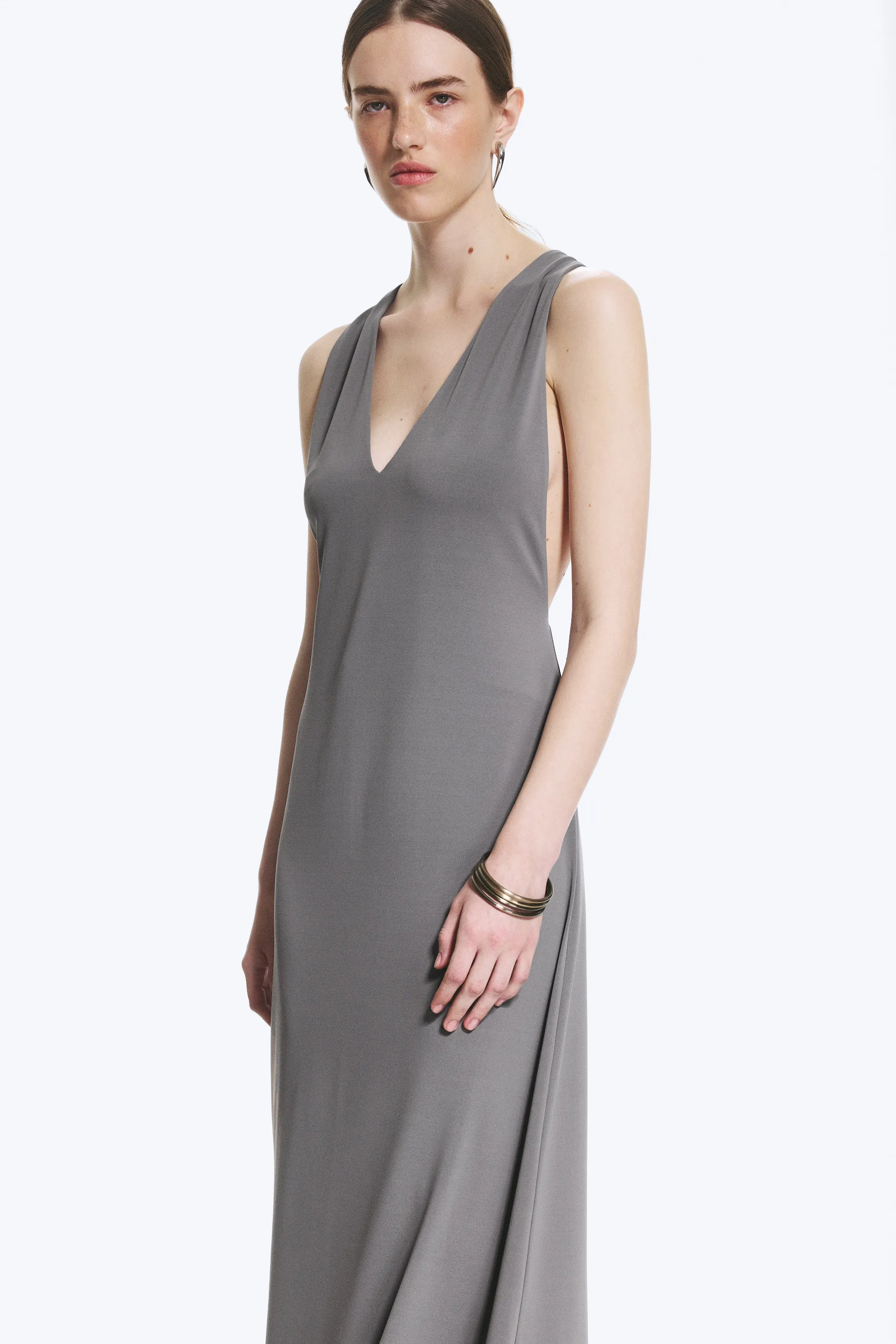 Robe longue froncée - Gris cendré