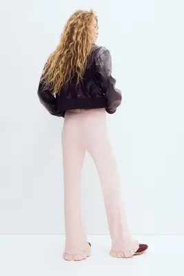 Pantalon évasé en maille côtelée - Rose clair — photo 3