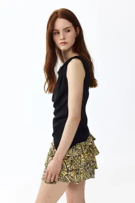 Mini jupe-short à étages en viscose - Beige/noir — photo 3