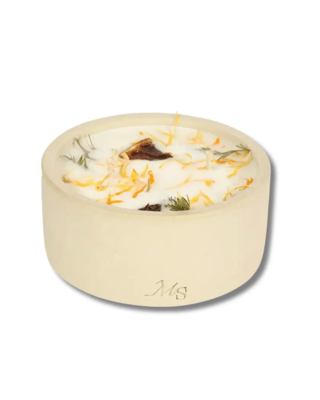 Bougie fleurie et pot en grès, parfum Fleur d'Oranger