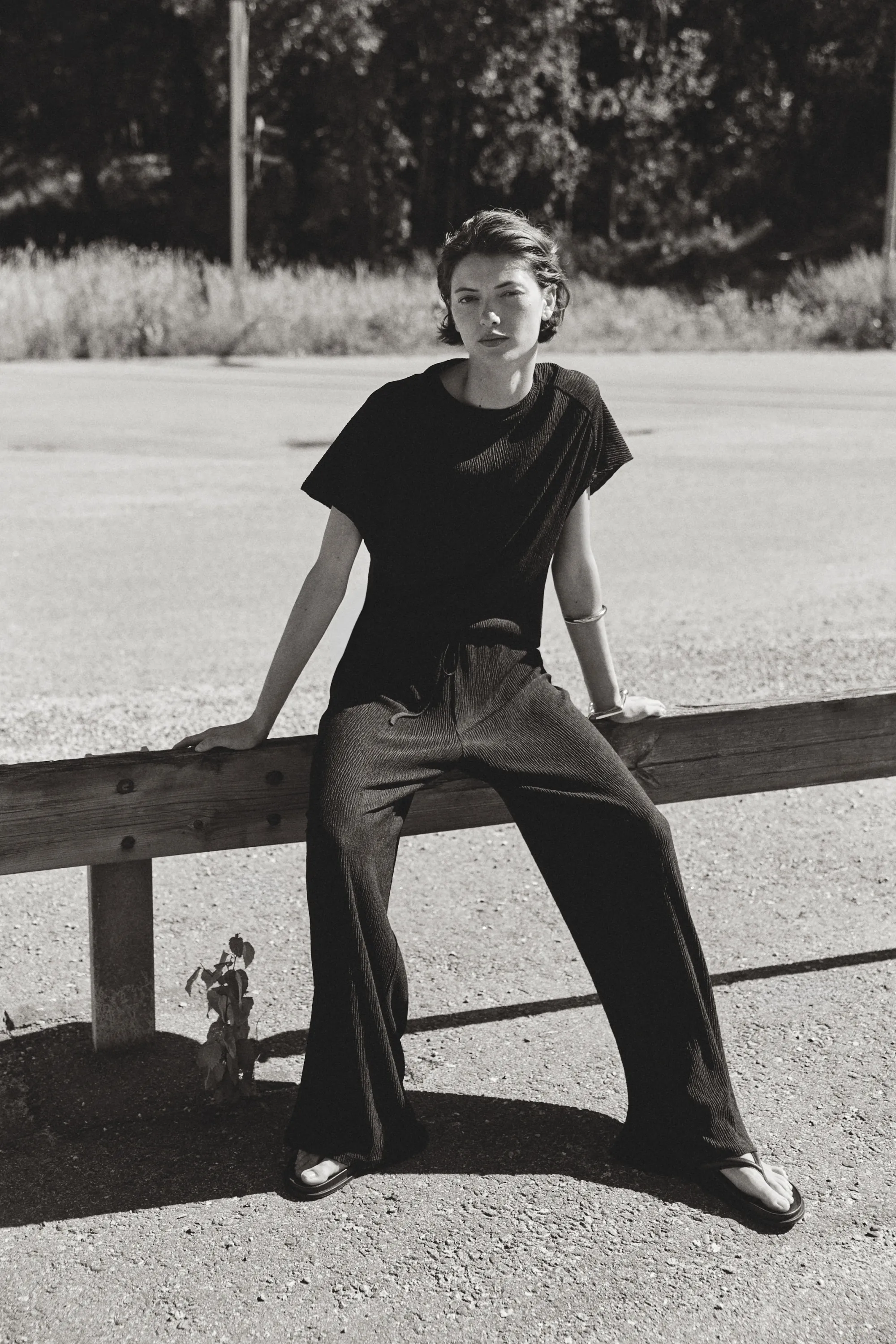 Pantalon froissé avec cordons de serrage - Noir