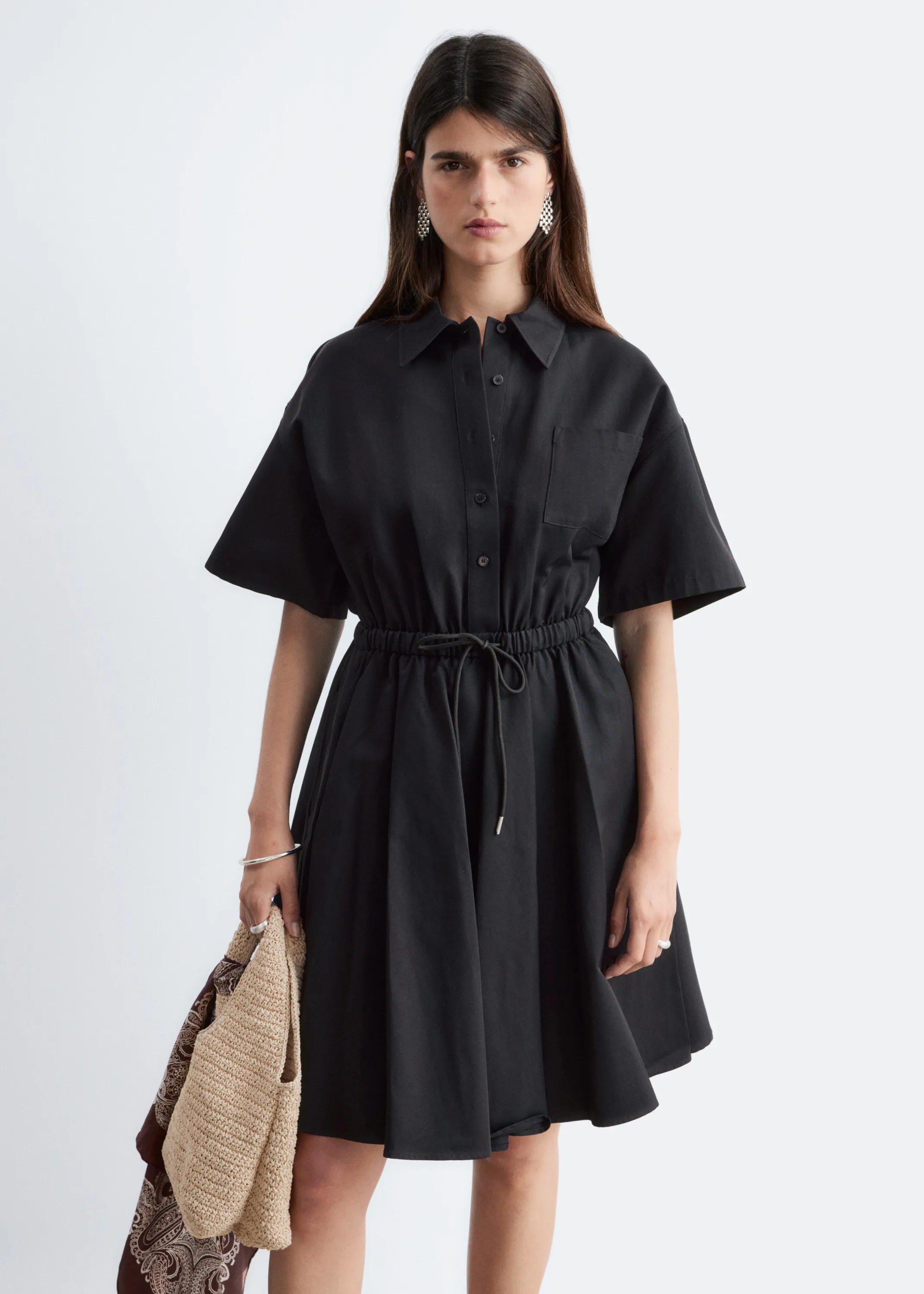 Robe courte évasée à cordon de serrage - Noir