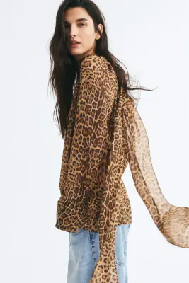 Blouse avec col cravate - Beige/imprimé léopard — photo 3