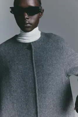 Manteau en laine mélangée avec écharpe - Gris foncé chiné — photo 3