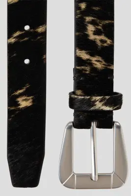 Ceinture en cuir à effet pony hair - Noir/imprimé peau de vache — photo 2