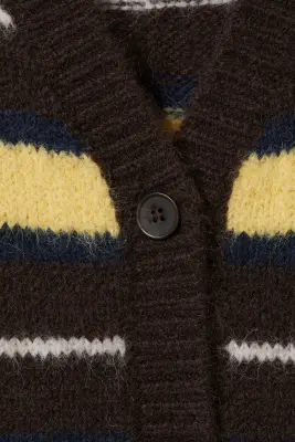 Cardigan doux en maille à col en V - Marron foncé et rayures jaunes — photo 3