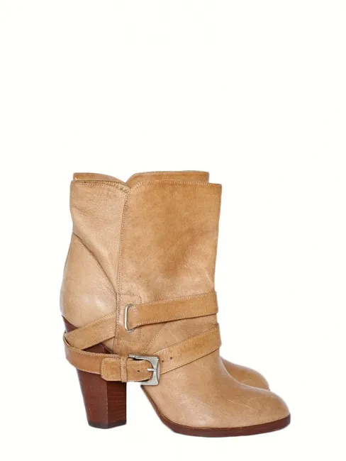 Bottines Biker en cuir beige sable et talon bois Px boutique 600€ Taille 36