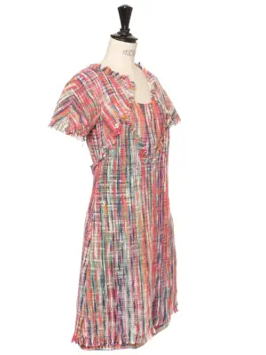 Robe manches courtes cintrée en tweed à franges multicolor arc en ciel  Prix boutique 5000€ Taille 34 — photo 5
