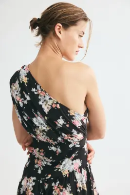 Robe asymétrique à effet drapé - Noir/fleuri — photo 3