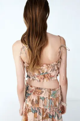 Crop top en lin mélangé - Beige/motif — photo 3