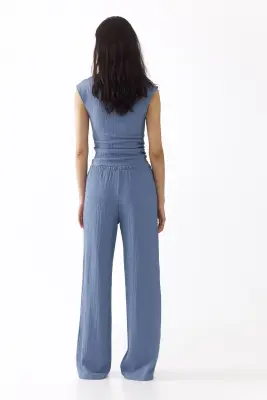 Pantalon en jersey texturé - Bleu pigeon — photo 3