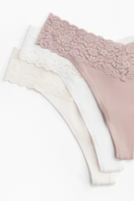 Lot de 5 culottes Thong en dentelle - Rose ancien/blanc/crème — photo 2