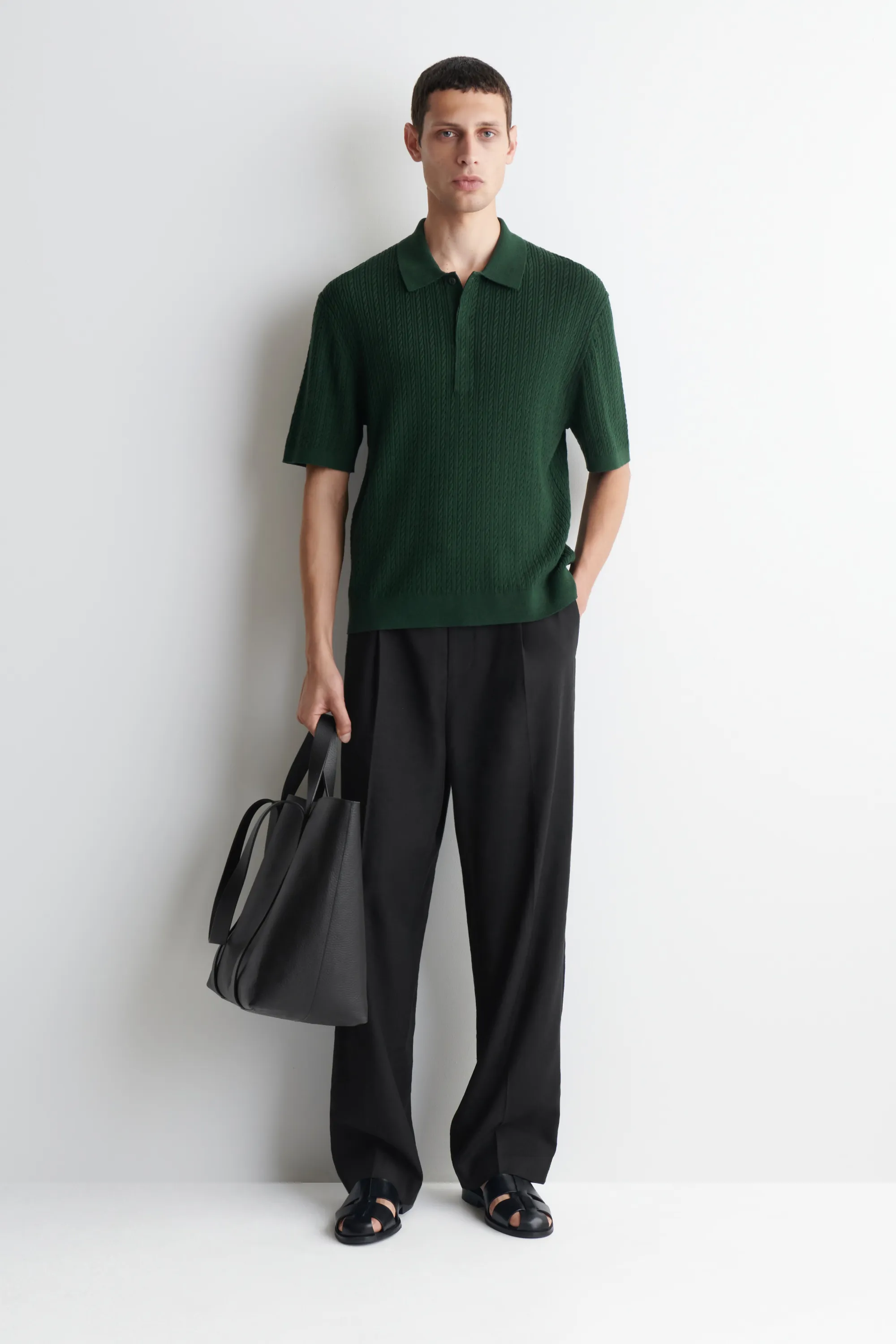 POLO EN MAILLE TORSADÉE DE COTON ET LIN - VERT FONCÉ