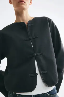 Veste brossée à boutons noués - Gris foncé — photo 3