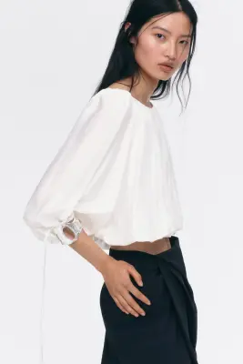 Blouse oversize avec liens à nouer - Blanc — photo 4