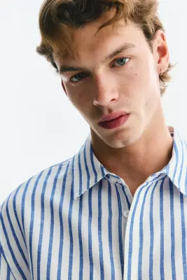 Chemise Relaxed Fit en lin mélangé - Bleu/rayé — photo 1