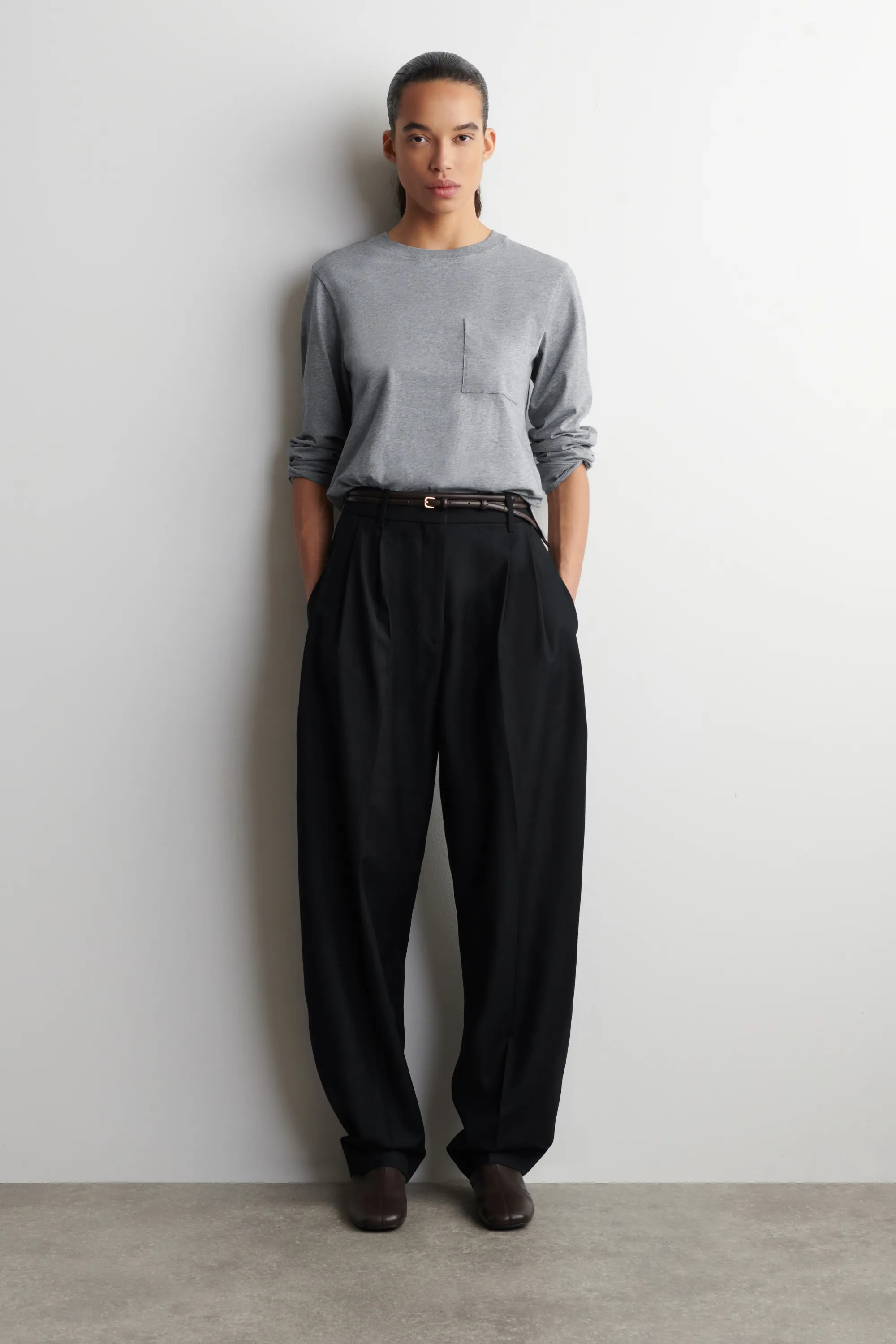 T-SHIRT À MANCHES LONGUES EN COTON - GRIS CHINÉ