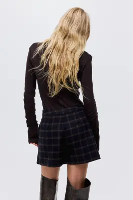 Jupe-short plissée en laine mélangée - Bleu marine/carreaux — photo 4