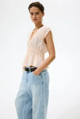 Blouse ruchée en coton - Abricot — photo 2