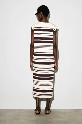 FOLDED-SHOULDER COTTON-JERSEY MIDI DRESS - BLANC / BRUN / RAYÉ — photo 3