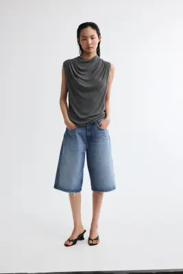 Top à effet drapé en maille - Gris foncé chiné — photo 1