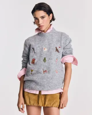 Pull Prune gris chiné et broderies ivy — photo 1