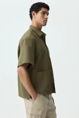 Chemise Relaxed Fit en lin mélangé - Vert kaki foncé — photo 3