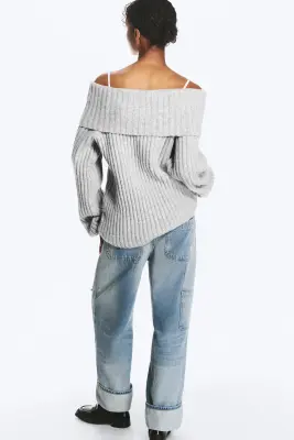 Pull côtelé à épaules dénudées - Gris chiné — photo 3