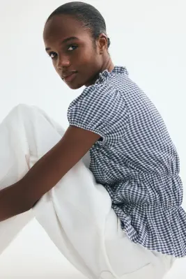 Blouse à manches bouffantes - Bleu foncé/carreaux — photo 3
