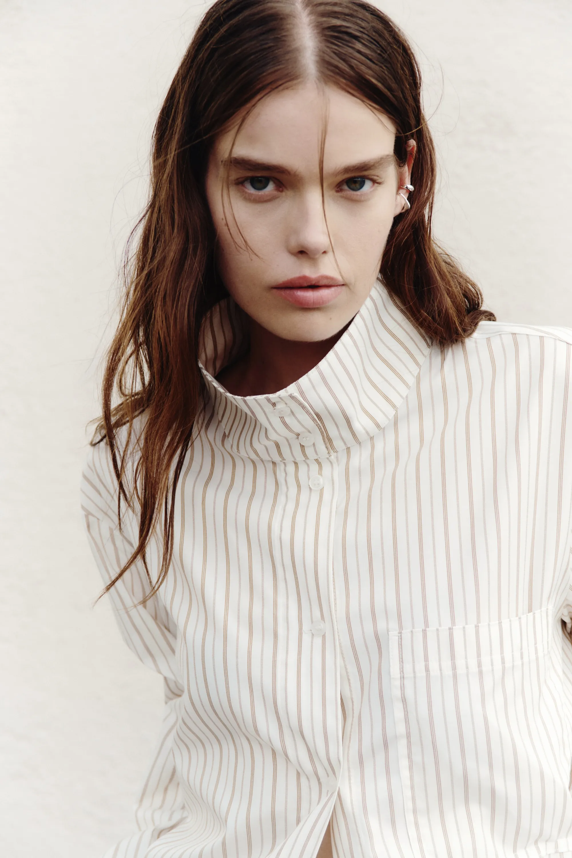 Chemise oversize à col droit - Blanc/rayé
