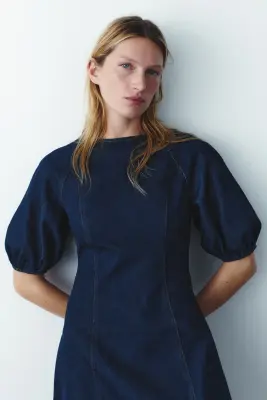 Robe à manches ballon en denim - Bleu denim foncé — photo 2