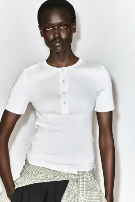 T-SHIRT HENLEY CÔTELÉ - BLANC — photo 2
