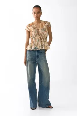 Blouse ruchée en coton - Beige clair/fleuri — photo 1