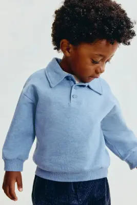 Sweat façon polo en coton - Bleu ancien — photo 1