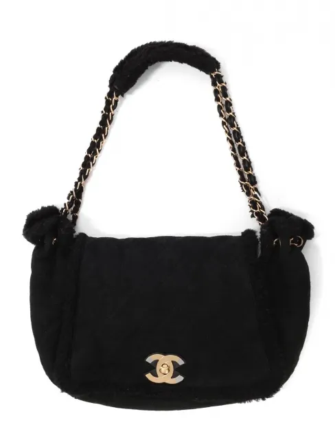 Sac en shearling daim noir peau retournée noir fermoir CC dorée Prix boutique 5850€
